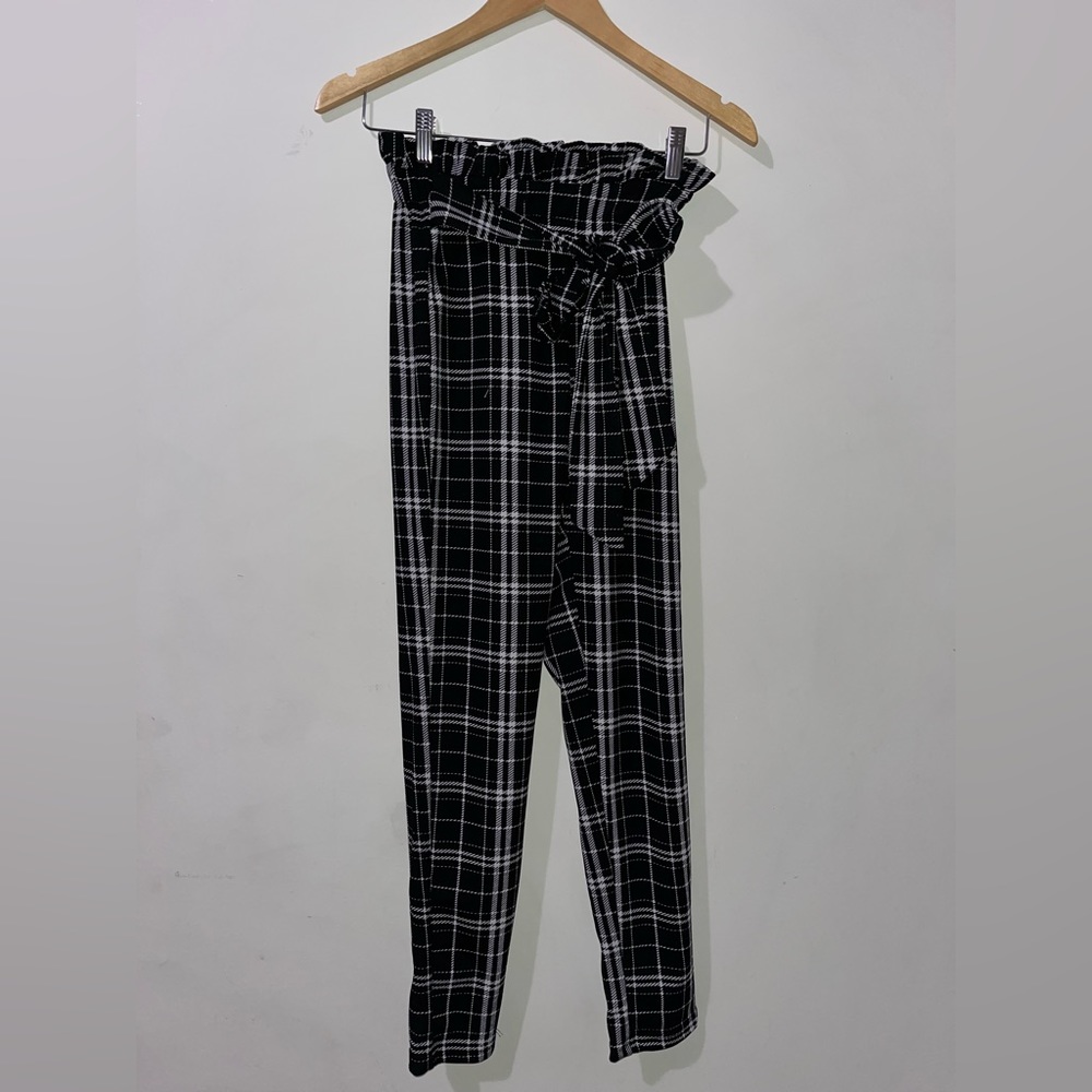 Plaid Print Paper bag Waist Skinny Pants